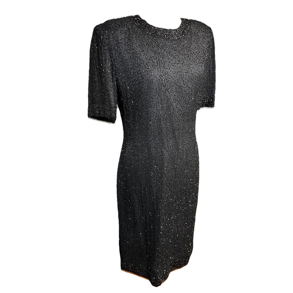 Laurence Kazar Paris New York 100% Silk Black Cocktail Dress Beaded LG Formal